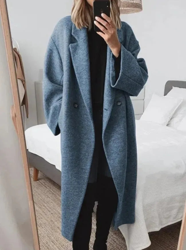 Women's Long Coat | Double-Breasted Notched Lapel Wool Relaxed Fit