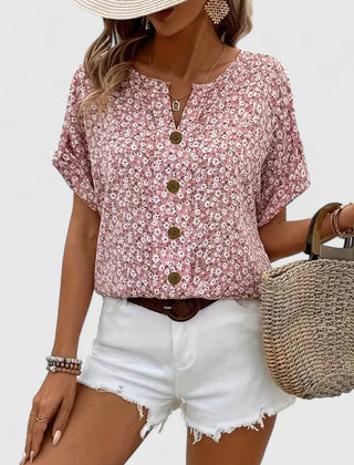 Women's Summer Top | Floral Print Button Front Short Sleeve