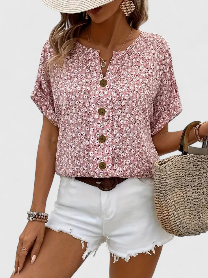 Women's Summer Top | Floral Print Button Front Short Sleeve