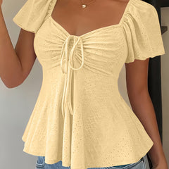 Women's Peplum Top | Sweetheart Neckline Flutter Sleeve Tie Closure