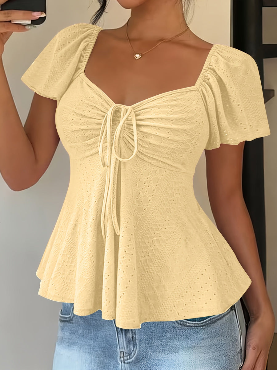 Women's Peplum Top | Sweetheart Neckline Flutter Sleeve Tie Closure