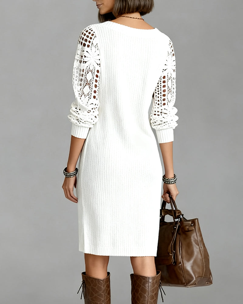 Women's Lace Dress | V-Neck Midi Knit Lace Sleeves