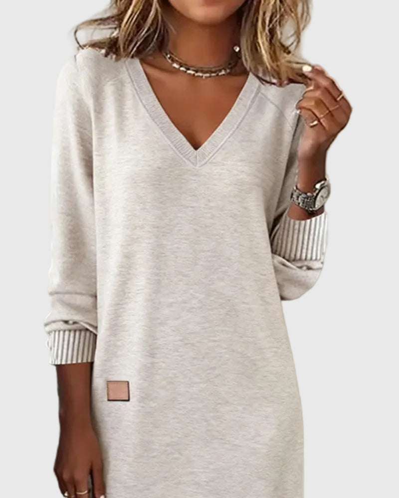 Women's Red Dress | V-Neck Long Sleeve Midi Knit