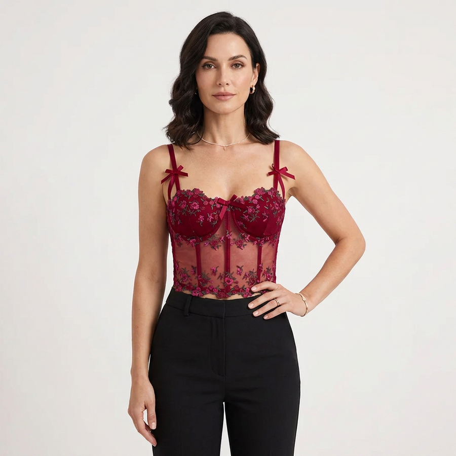 Women's Corset Top | Sweetheart Neckline Mesh Embroidered Lace
