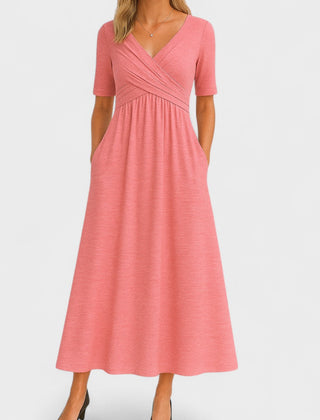 Women's Winter Wedding Guest Dress | Midi Wrap V-Neck Elbow Sleeve Pockets