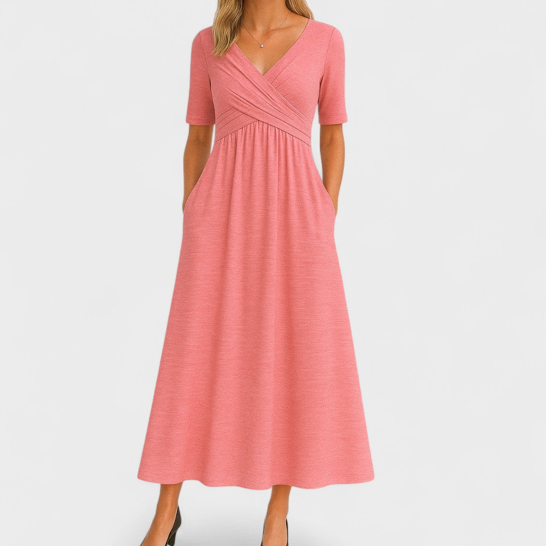 Women's Winter Wedding Guest Dress | Midi Wrap V-Neck Elbow Sleeve Pockets