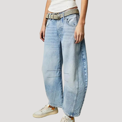 Women's Barrel Jeans | Leopard Print Mid Rise Cropped Denim