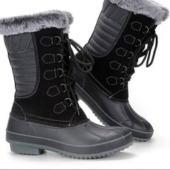 Black lace-up snow boots with faux-fur cuffs and treaded rubber outsole