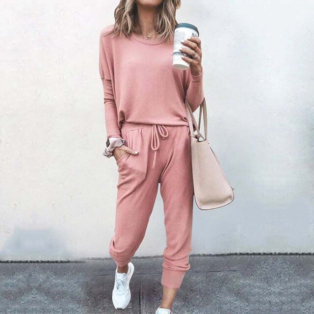 Women's Matching Lounge Set | Crew Neck Long Sleeve Knit Tapered