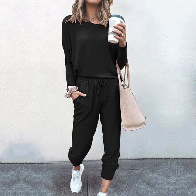 Women's Matching Lounge Set | Crew Neck Long Sleeve Knit Tapered