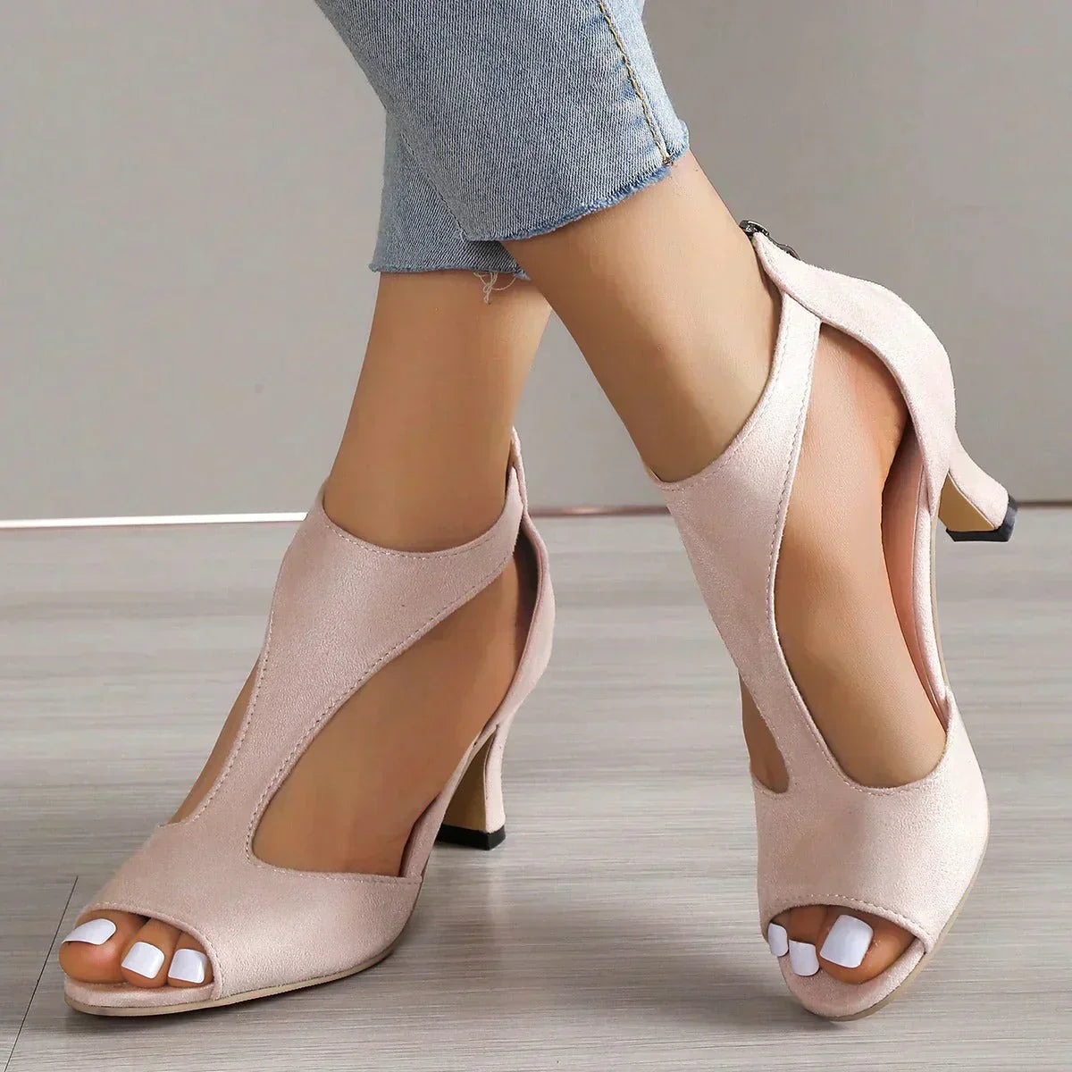 Women's High Heels | Open Toe T-Strap Peep Suede