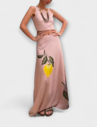 Women's Midi Skirt | Maxi Length Linen Print Embellishment A-Line