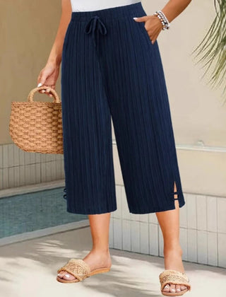 Women's Cotton Linen Wide Leg Cropped Pants Spring Drawstring Culottes Plus Size Trousers