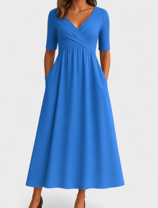 Women's Winter Wedding Guest Dress | Midi Wrap V-Neck Elbow Sleeve Pockets