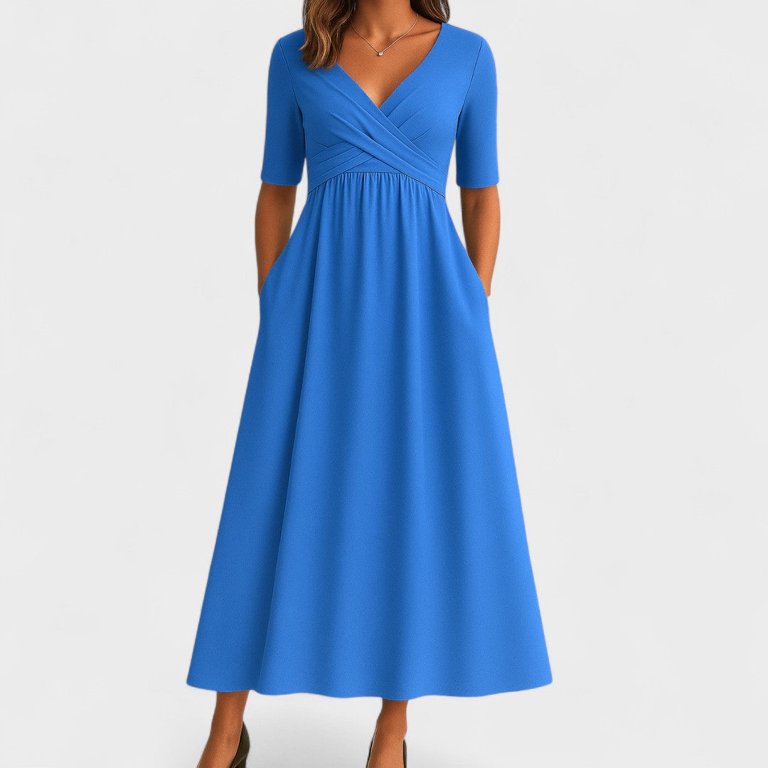 Women's Winter Wedding Guest Dress | Midi Wrap V-Neck Elbow Sleeve Pockets