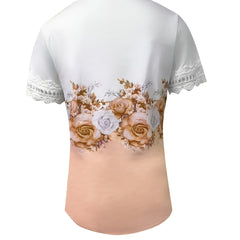 Women's Lace Top | Scalloped Neckline Short Sleeve Floral