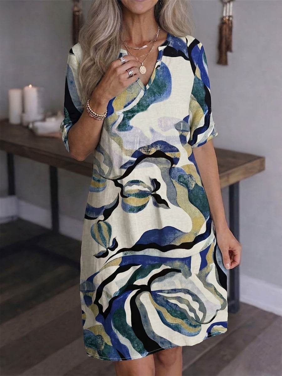 Women's Shift Dress | V-Neck Short Sleeve Printed