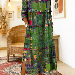 Women's Denim Dress | Midi Length Round Neckline Patchwork Print