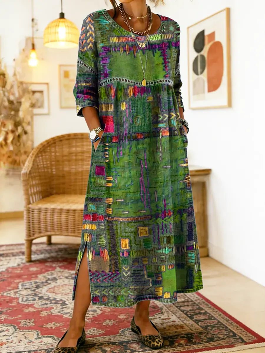 Women's Denim Dress | Midi Length Round Neckline Patchwork Print