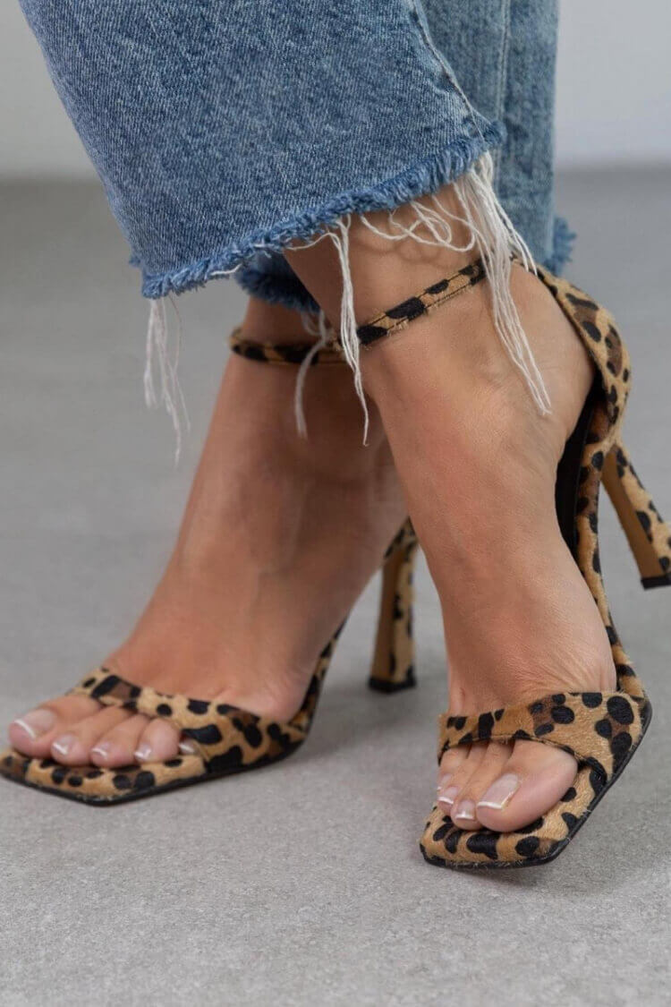 Women's High Heels | Leopard Print Square Toe Ankle Strap