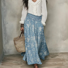 Women's Midi Skirt | Jacquard Print Elastic Waist Maxi Length