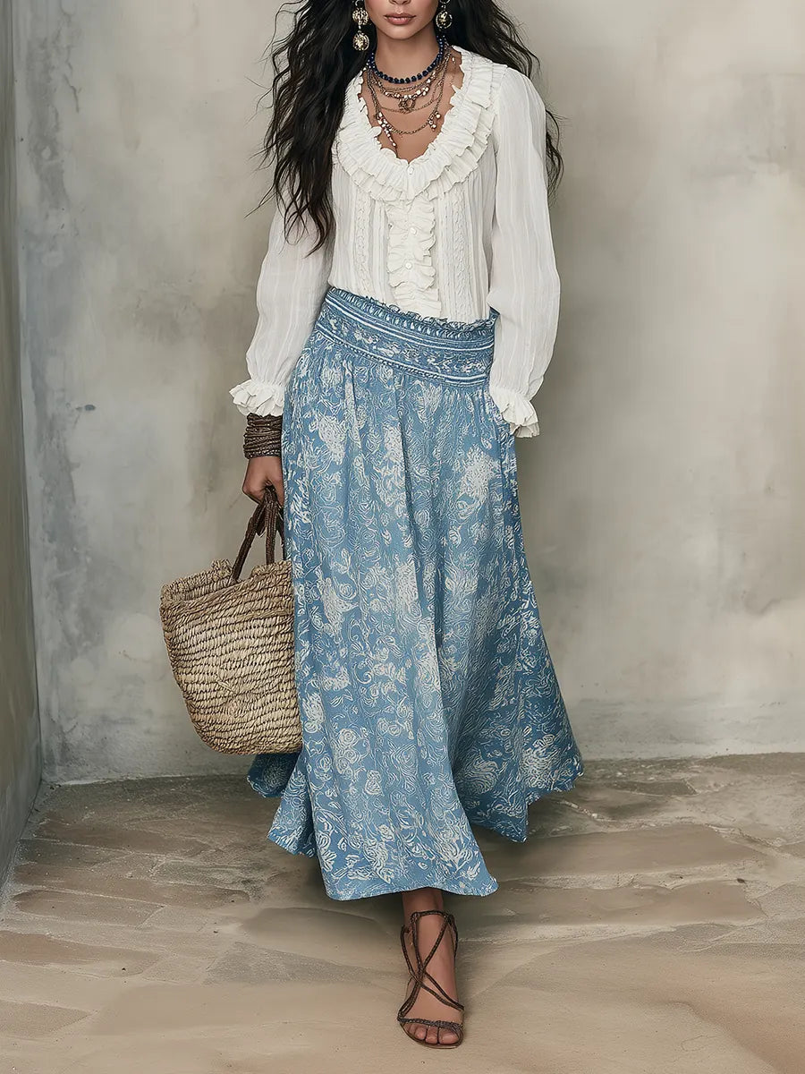 Women's Midi Skirt | Jacquard Print Elastic Waist Maxi Length