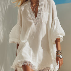 Women's Mini Dress | V-Neck Puff Sleeve Lace Tassel