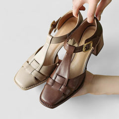 Women's Block Heels | T-Strap Buckle Closure Leather