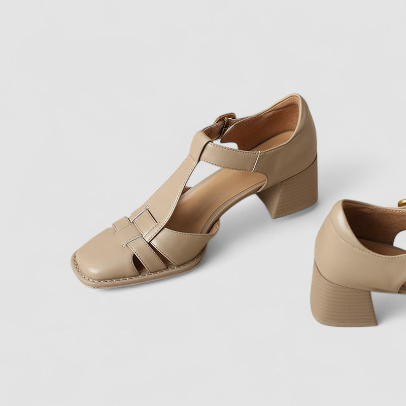 Women's Block Heels | T-Strap Buckle Closure Leather