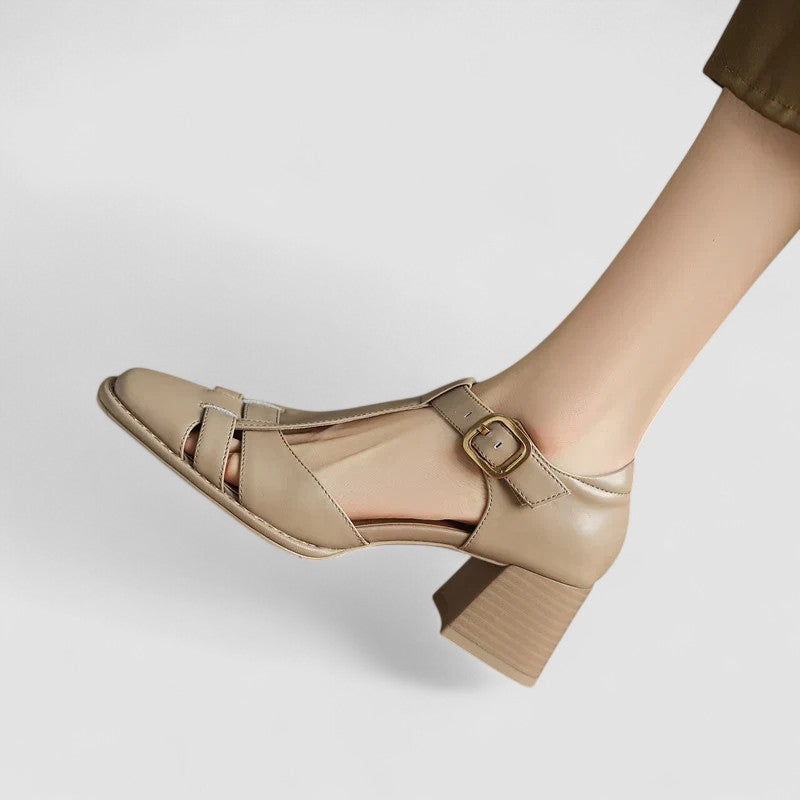 Women's Block Heels | T-Strap Buckle Closure Leather
