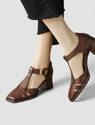 Women's Block Heels | T-Strap Buckle Closure Leather