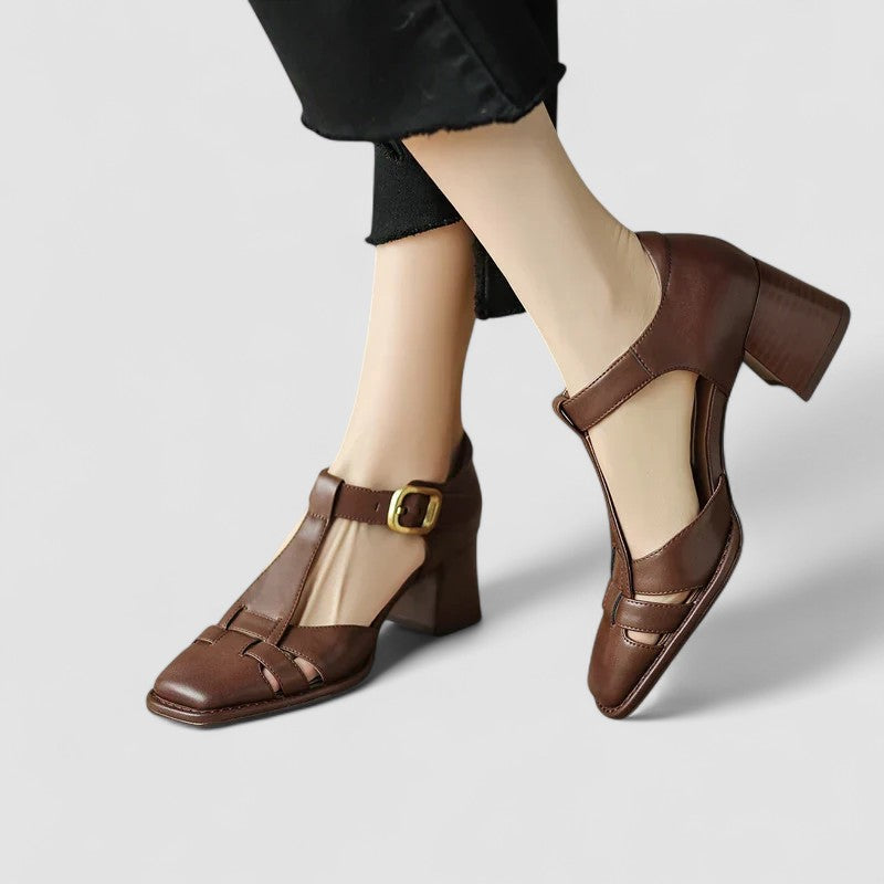Women's Block Heels | T-Strap Buckle Closure Leather