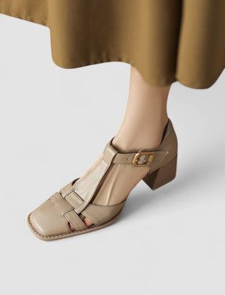 Women's Block Heels | T-Strap Buckle Closure Leather
