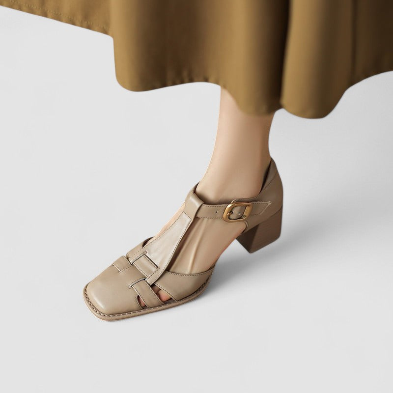 Women's Block Heels | T-Strap Buckle Closure Leather
