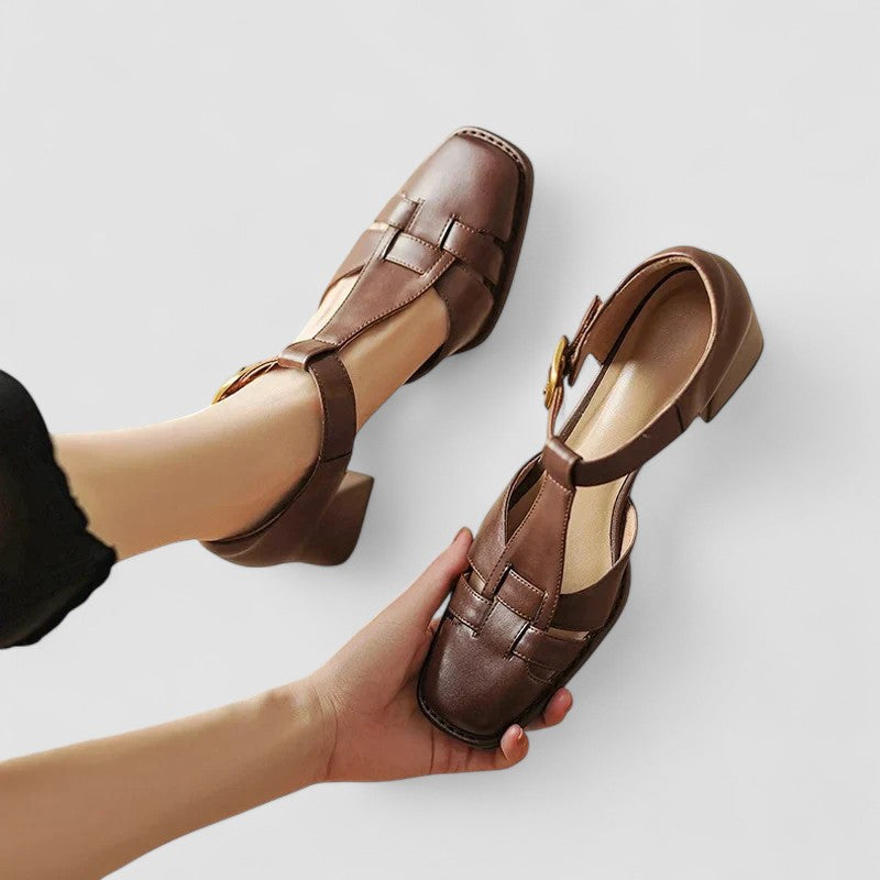 Women's Block Heels | T-Strap Buckle Closure Leather