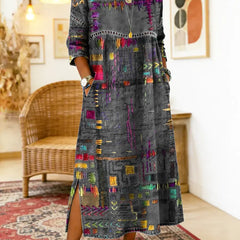Women's Denim Dress | Midi Length Round Neckline Patchwork Print