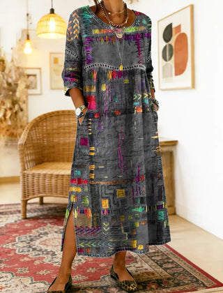 Women's Denim Dress | Midi Length Round Neckline Patchwork Print