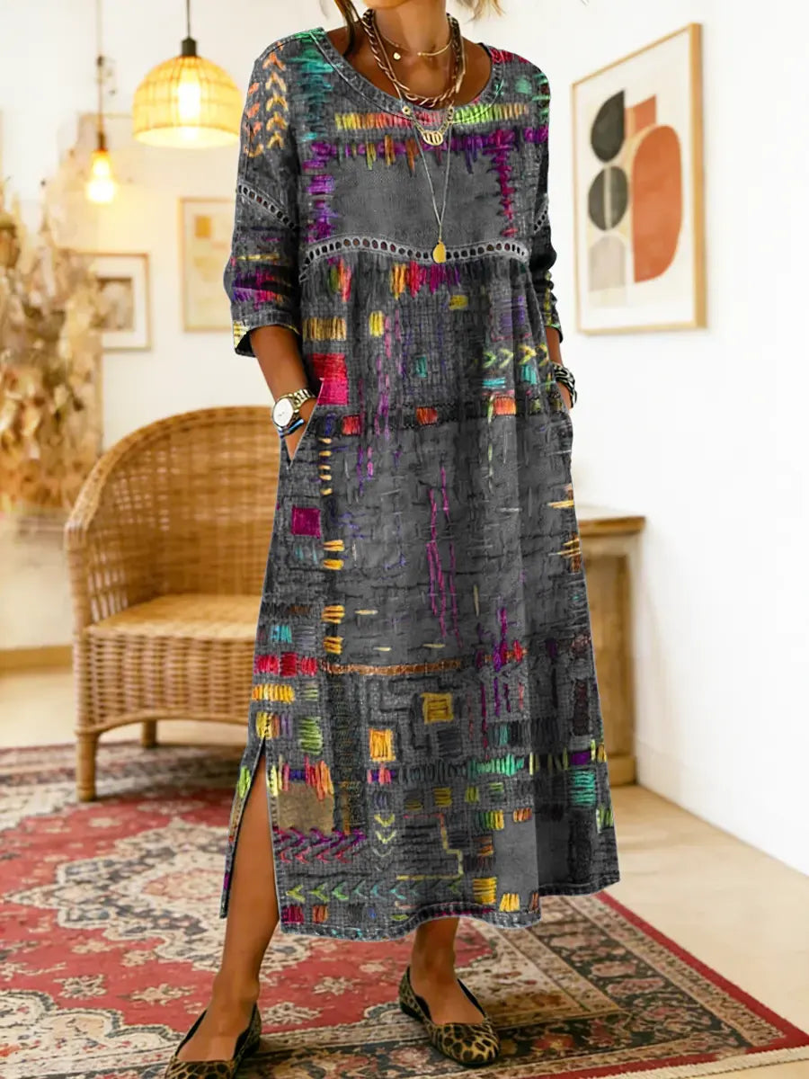 Women's Denim Dress | Midi Length Round Neckline Patchwork Print