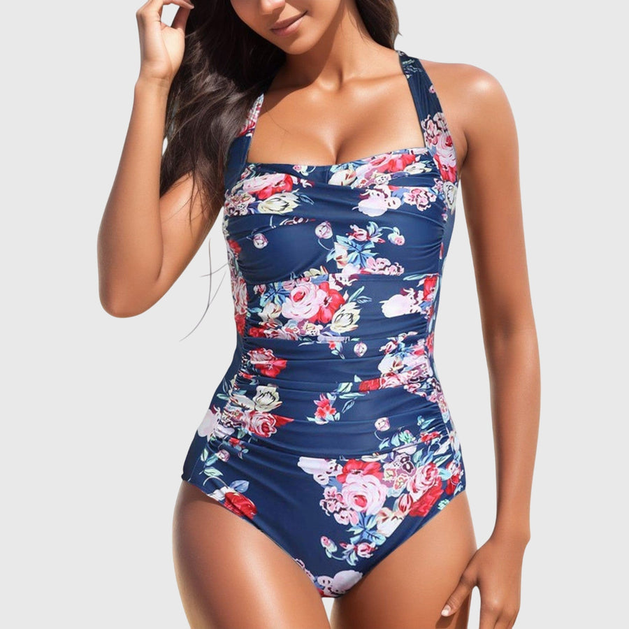 Women's One Piece Swimsuit | Halter Neckline Ruched Floral Print