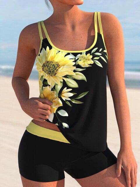 Women's Modest Swimsuit | Floral Print Scoop Neck Tank Top Shorts