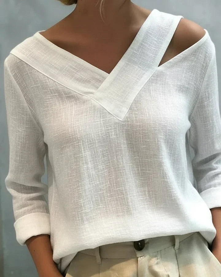 Women's Long Sleeve Top | Off Shoulder V Neck Relaxed Fit