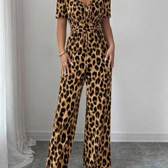 Women's Jumpsuit | Wrap Neckline Wide Leg Leopard Print