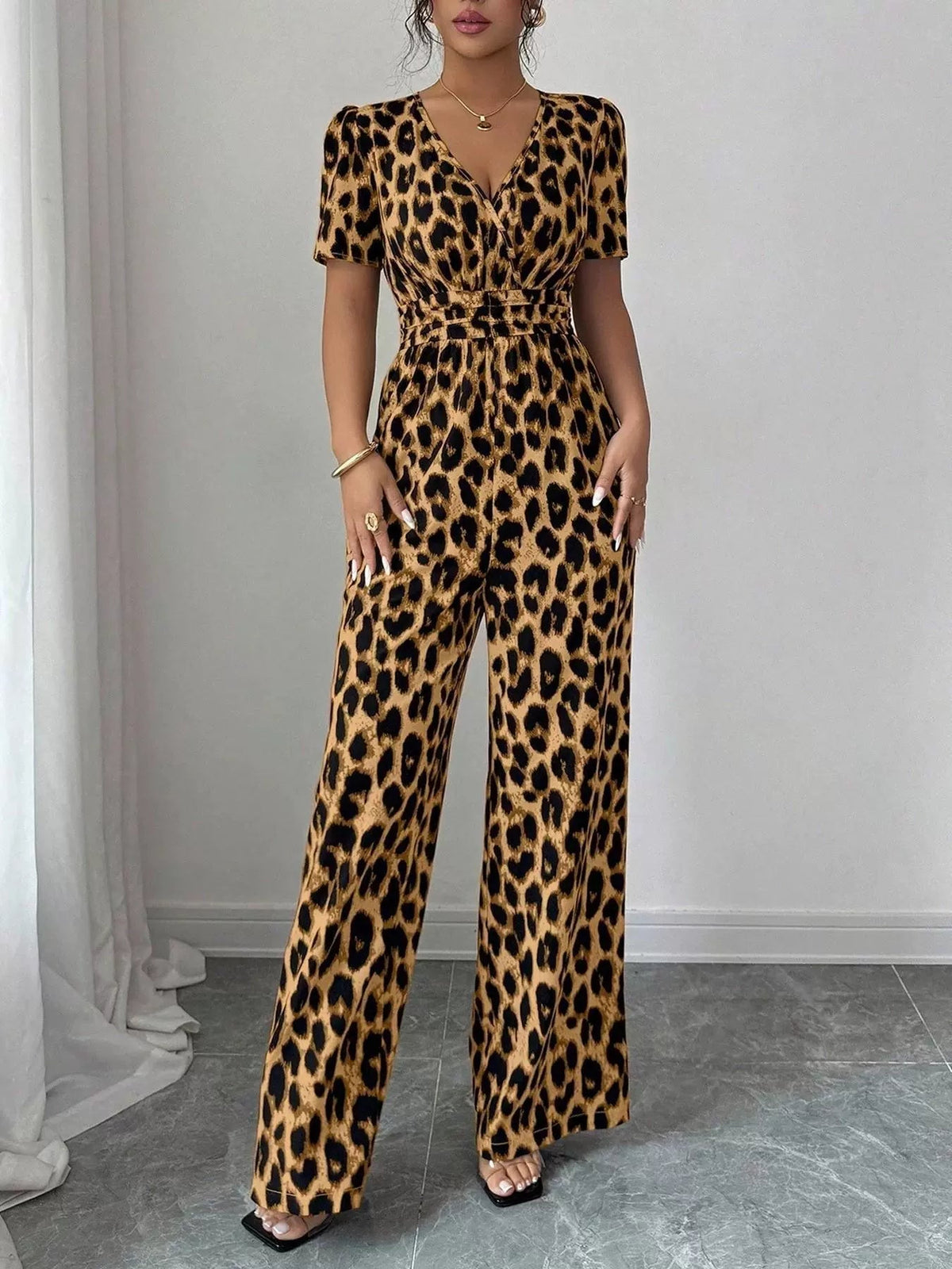 Women's Jumpsuit | Wrap Neckline Wide Leg Leopard Print
