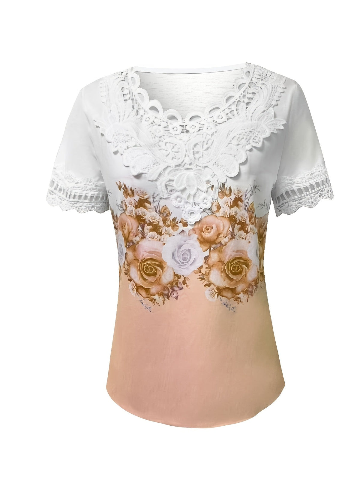 Women's Lace Top | Scalloped Neckline Short Sleeve Floral