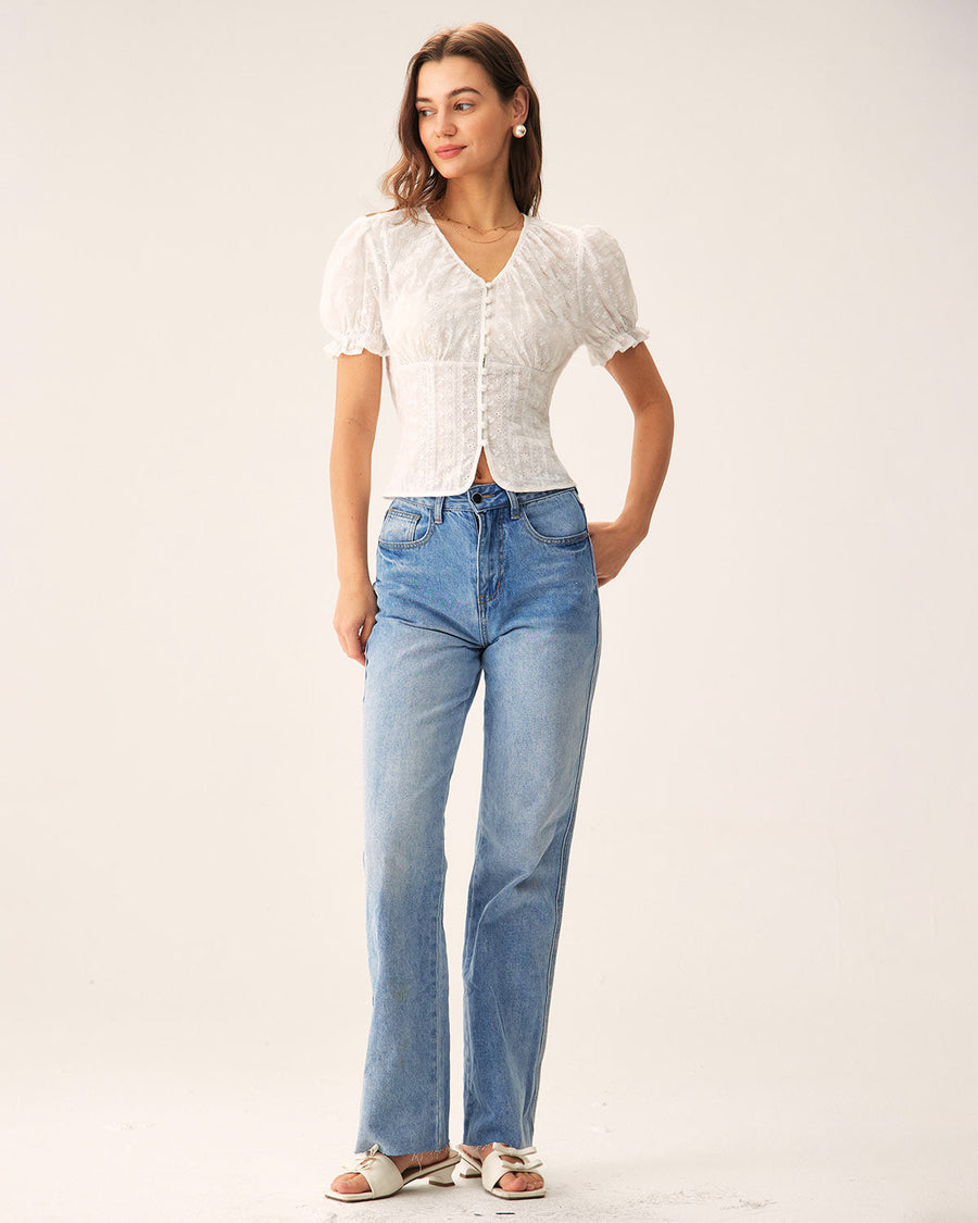 Women's White Top | Puff Sleeve V-Neck Floral Print