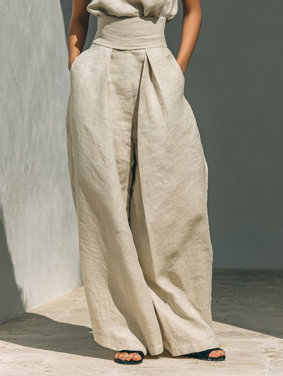 Women's Linen Pants | High Neck Sleeveless Turtleneck Pleated Wide Leg