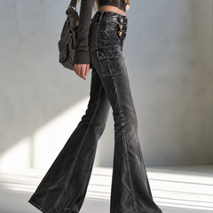 Women's Leather Pants | Flare Leg High Waist Cargo Studs