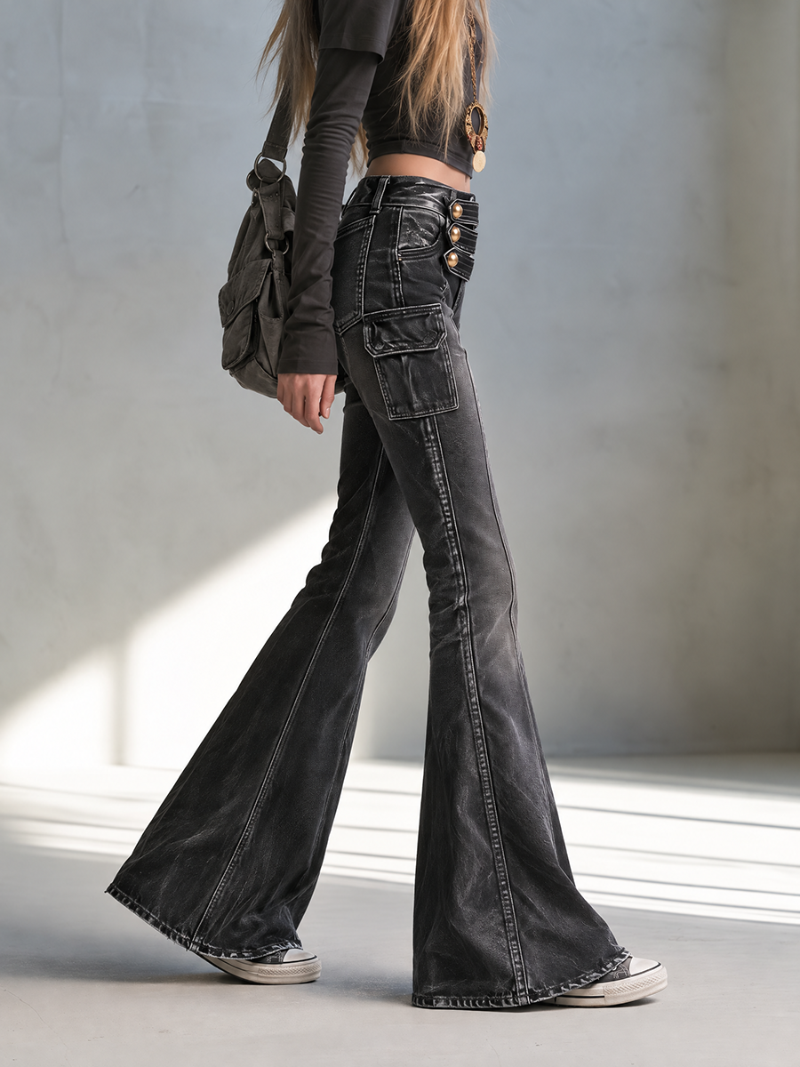 Women's Leather Pants | Flare Leg High Waist Cargo Studs