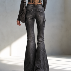 Women's Leather Pants | Flare Leg High Waist Cargo Studs