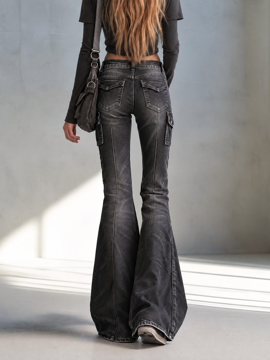 Women's Leather Pants | Flare Leg High Waist Cargo Studs